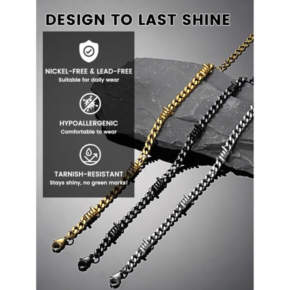 Barbed Wire Cuban Chain Bracelet 7/9mm Thick Punk Gothic for Men and Women - Picture 9 of 9